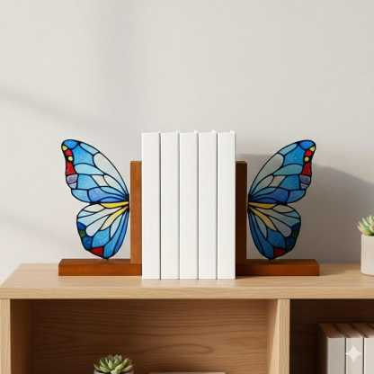 Butterfly Bookends Kit – Stained Glass Style Acrylic & Wood Shelf Decor