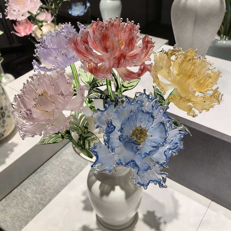 Peony Glass Flower Sculpture, Blown Glass Floral Art Bouquet Decor
