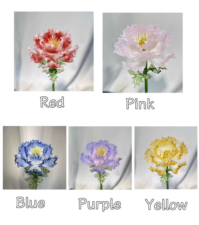 Peony Glass Flower Sculpture, Blown Glass Floral Art Bouquet Decor