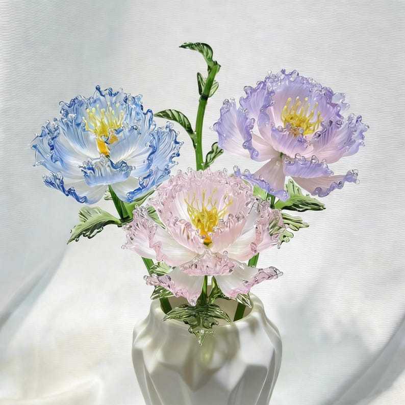 Peony Glass Flower Sculpture, Blown Glass Floral Art Bouquet Decor