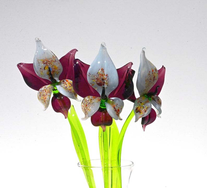Deep Purple Glass Orchid Flower, Easter Glass Stem Floral Decor