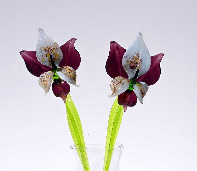Deep Purple Glass Orchid Flower, Easter Glass Stem Floral Decor