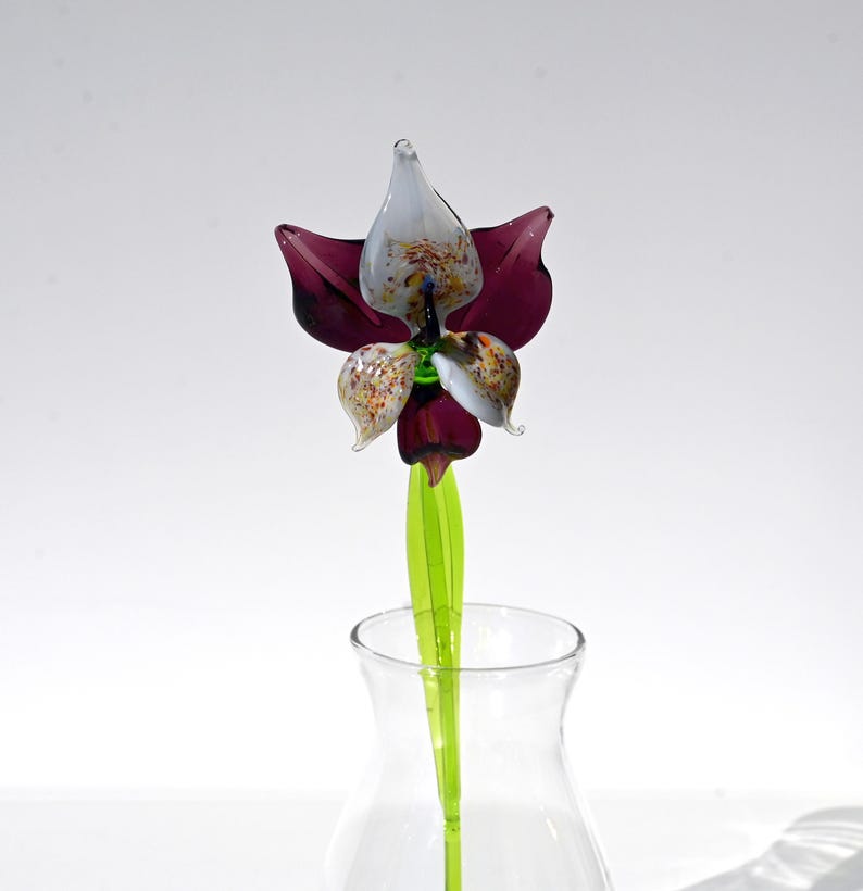 Deep Purple Glass Orchid Flower, Easter Glass Stem Floral Decor