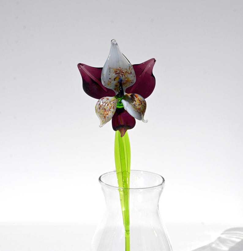 Deep Purple Glass Orchid Flower, Easter Glass Stem Floral Decor