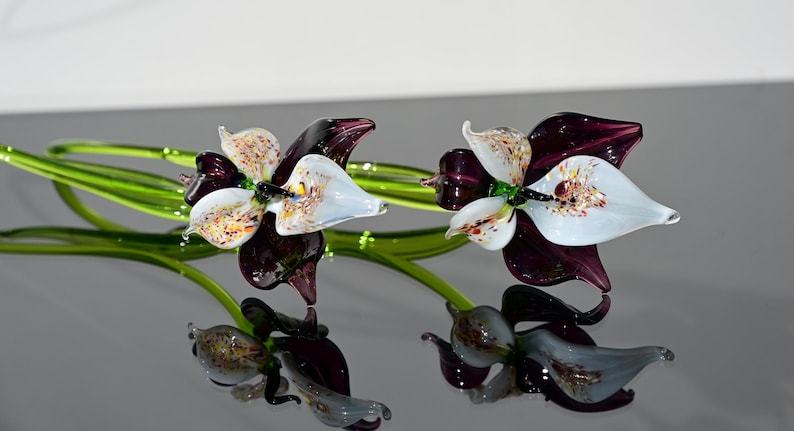 Deep Purple Glass Orchid Flower, Easter Glass Stem Floral Decor