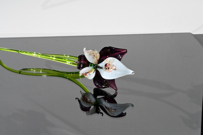 Deep Purple Glass Orchid Flower, Easter Glass Stem Floral Decor