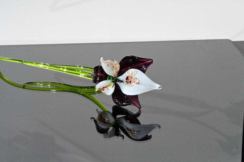 Deep Purple Glass Orchid Flower, Easter Glass Stem Floral Decor