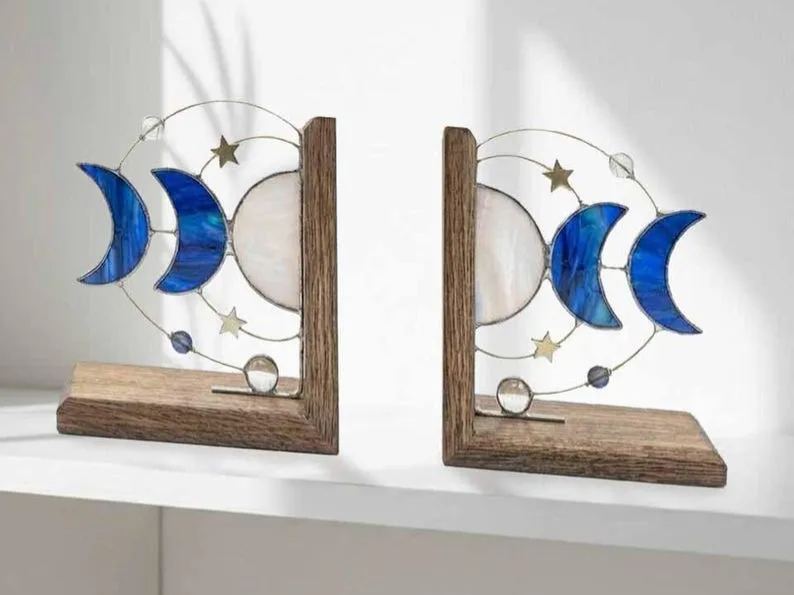 Blue Moon System Stained Glass Bookends, Celestial Shelf Decor