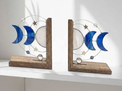Blue Moon System Stained Glass Bookends, Celestial Shelf Decor