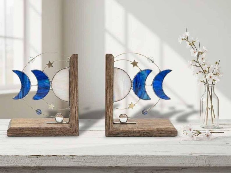 Blue Moon System Stained Glass Bookends, Celestial Shelf Decor