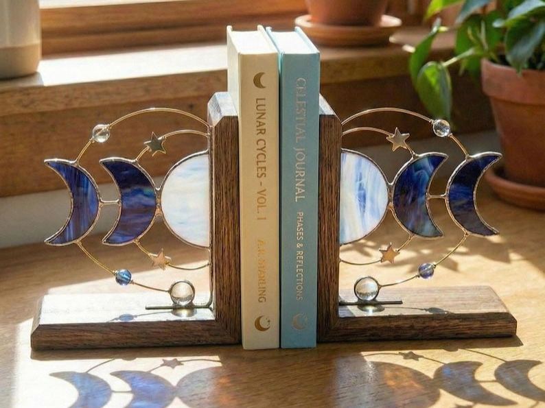Blue Moon System Stained Glass Bookends, Celestial Shelf Decor