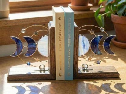 Blue Moon System Stained Glass Bookends, Celestial Shelf Decor