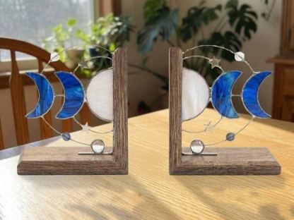 Blue Moon System Stained Glass Bookends, Celestial Shelf Decor