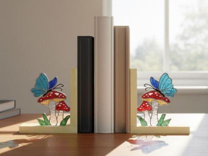 Butterfly and Mushroom Wooden Bookend Stained Glass, Minimalist Nature-Themed Book Stand for Reading Nook, Gift for Butterfly Admirers