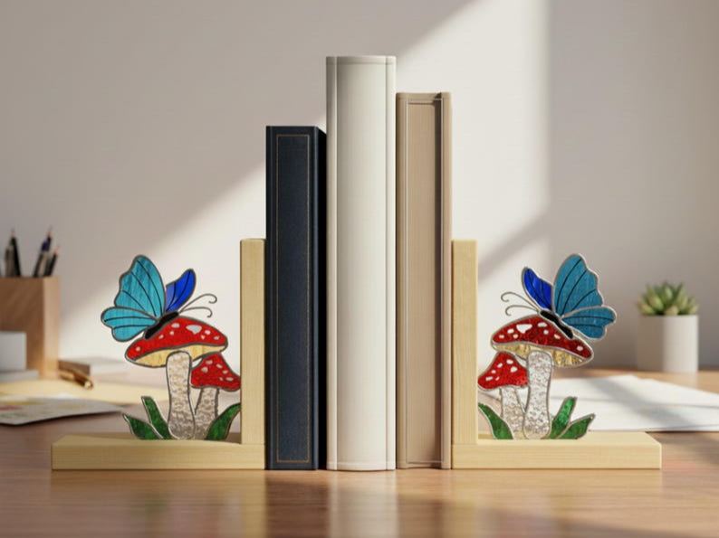 Butterfly and Mushroom Wooden Bookend Stained Glass, Minimalist Nature-Themed Book Stand for Reading Nook, Gift for Butterfly Admirers