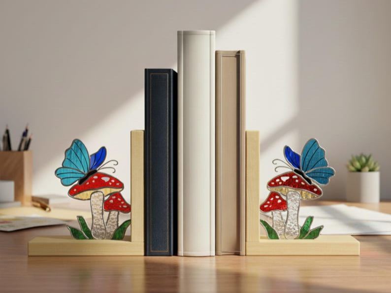 Butterfly and Mushroom Wooden Bookend Stained Glass, Minimalist Nature-Themed Book Stand for Reading Nook, Gift for Butterfly Admirers