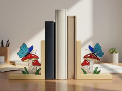 Butterfly and Mushroom Wooden Bookend Stained Glass, Minimalist Nature-Themed Book Stand for Reading Nook, Gift for Butterfly Admirers