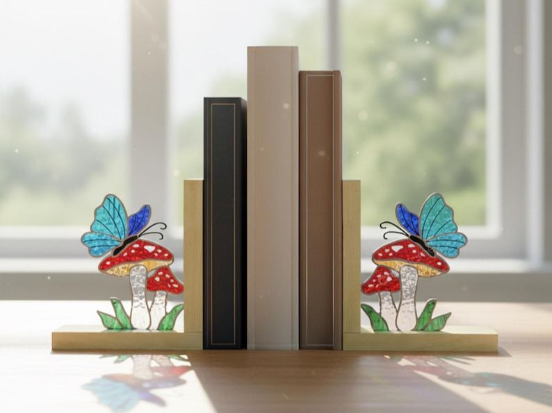 Butterfly and Mushroom Wooden Bookend Stained Glass, Minimalist Nature-Themed Book Stand for Reading Nook, Gift for Butterfly Admirers