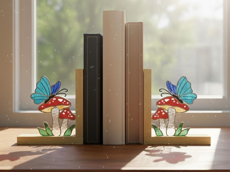 Butterfly and Mushroom Wooden Bookend Stained Glass, Minimalist Nature-Themed Book Stand for Reading Nook, Gift for Butterfly Admirers