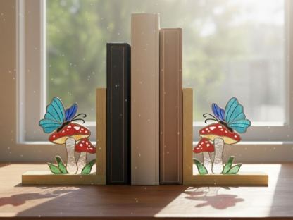 Butterfly and Mushroom Wooden Bookend Stained Glass, Minimalist Nature-Themed Book Stand for Reading Nook, Gift for Butterfly Admirers