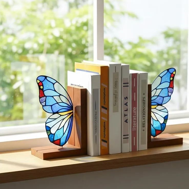 Butterfly Bookends Kit – Stained Glass Style Acrylic & Wood Shelf Decor