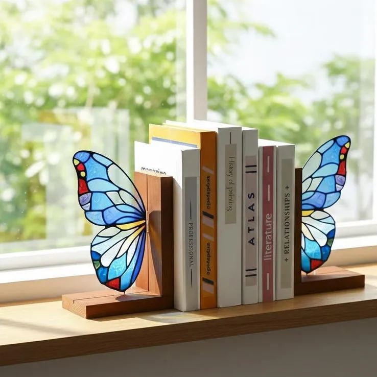 Butterfly Bookends Kit – Stained Glass Style Acrylic & Wood Shelf Decor