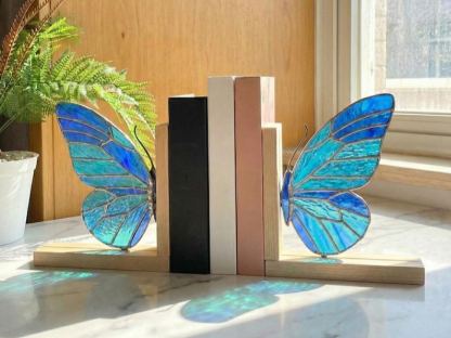 Butterfly Bookend Set, Handmade Wooden Book Stand for Rustic Bookshelf Decoration, Unique Gift for Nature and Butterfly Lovers