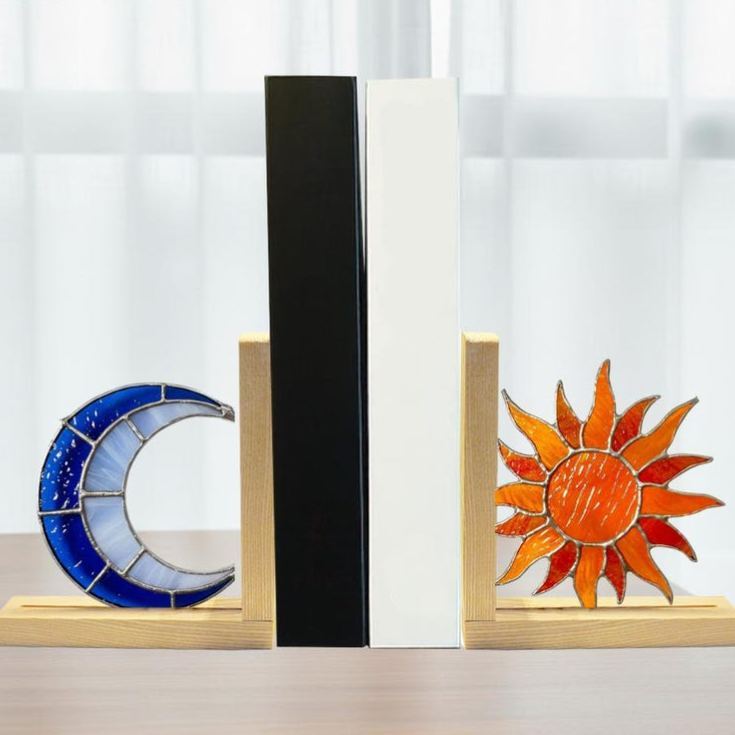 Handmade Stained Glass Sun and Moon Bookends – Home Decor with Wooden Base – Christmas Gift for Book Lovers and Shelf Decoration