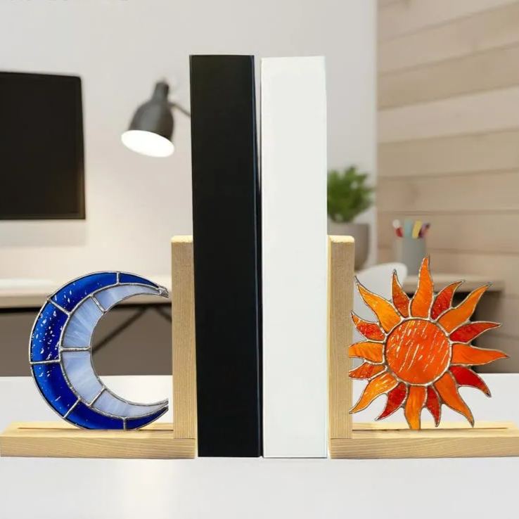 Handmade Stained Glass Sun and Moon Bookends – Home Decor with Wooden Base – Christmas Gift for Book Lovers and Shelf Decoration