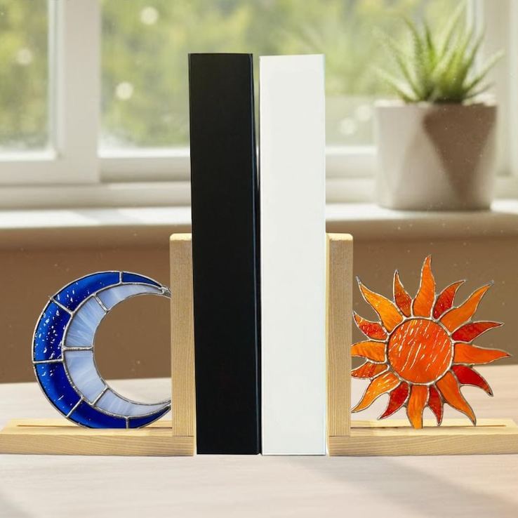 Handmade Stained Glass Sun and Moon Bookends – Home Decor with Wooden Base – Christmas Gift for Book Lovers and Shelf Decoration