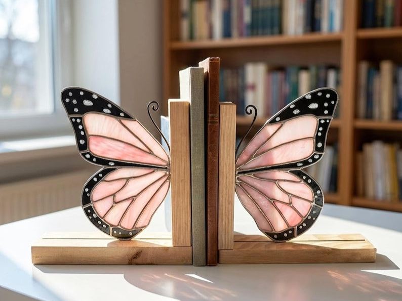 Butterfly Stained Glass Bookends, Pink Wing Shelf Holder Decor