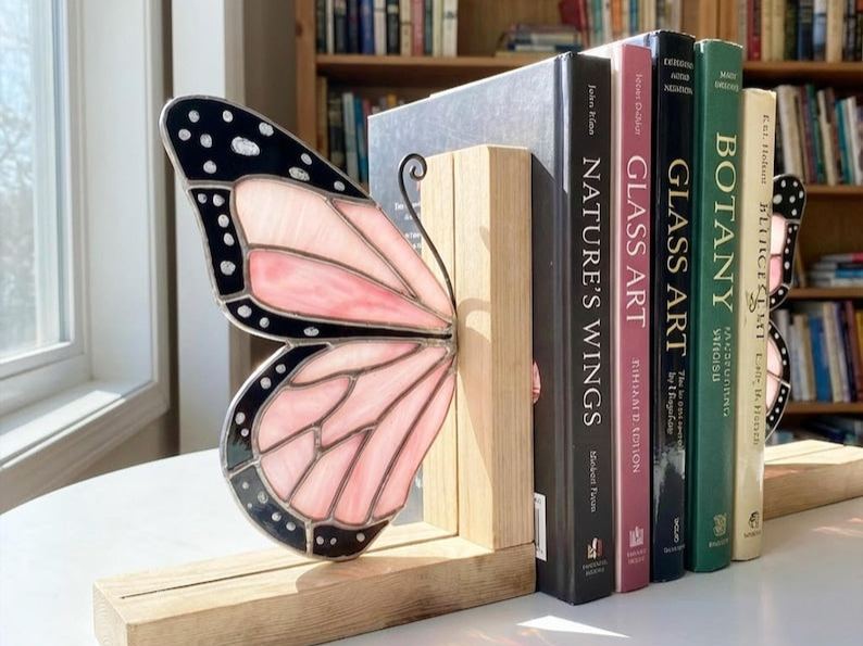 Butterfly Stained Glass Bookends, Pink Wing Shelf Holder Decor