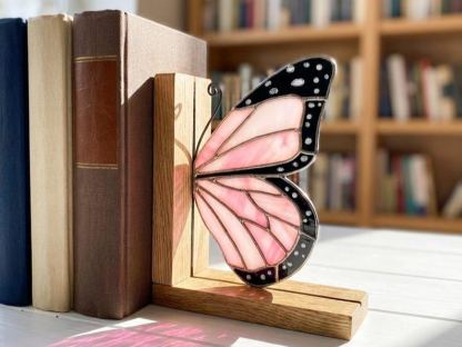 Butterfly Stained Glass Bookends, Pink Wing Shelf Holder Decor