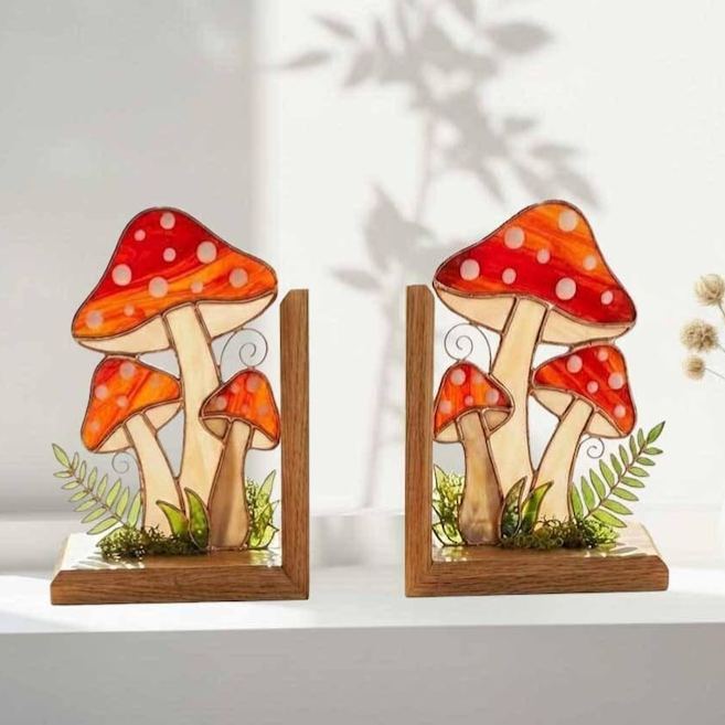 Mushroom Forest Stained Glass Bookends, Red Toadstool Library Decor