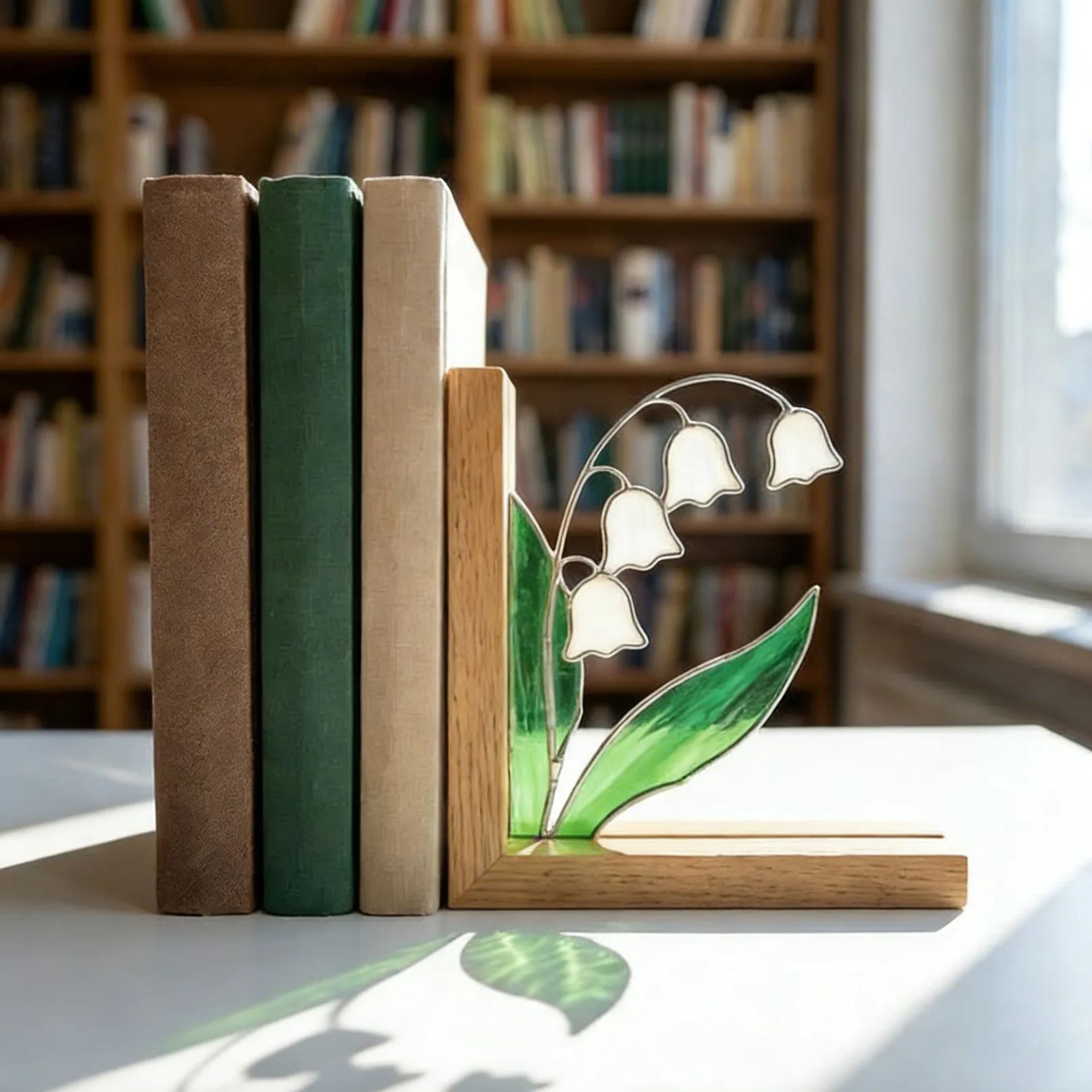 Lily of the Valley Stained Glass Bookends, Flower Library Holder