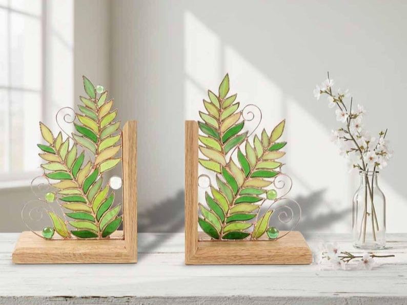 Fern Leaf Stained Glass Bookends, Botanical Greenery Shelf Decor