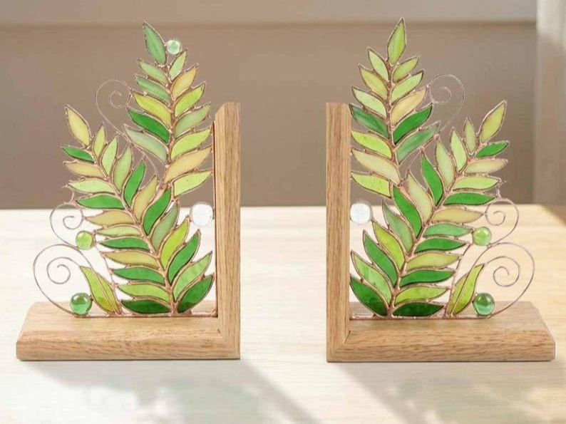 Fern Leaf Stained Glass Bookends, Botanical Greenery Shelf Decor