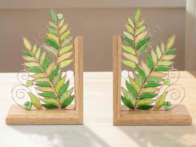Fern Leaf Stained Glass Bookends, Botanical Greenery Shelf Decor