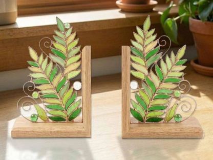 Fern Leaf Stained Glass Bookends, Botanical Greenery Shelf Decor