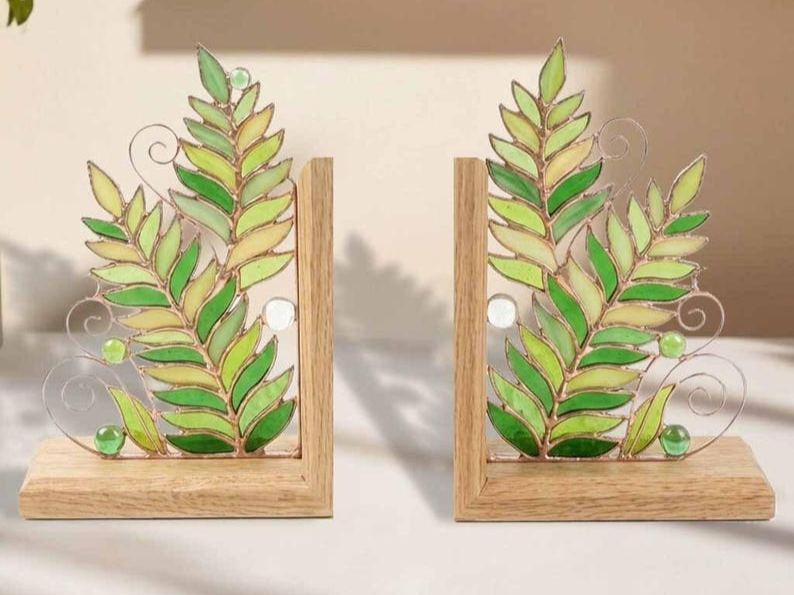 Fern Leaf Stained Glass Bookends, Botanical Greenery Shelf Decor