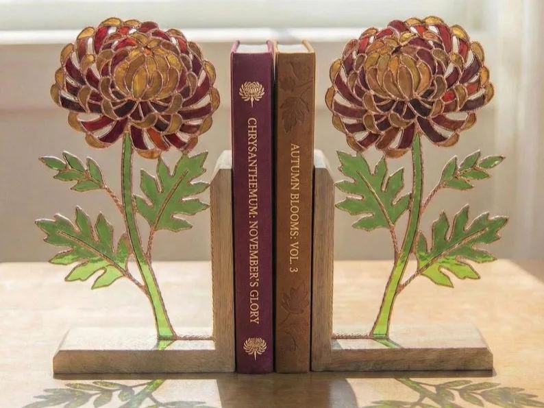Floral Birth Month Stained Glass Bookends, Botanical Shelf Decor