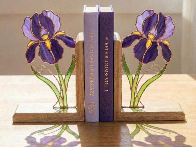 Floral Birth Month Stained Glass Bookends, Botanical Shelf Decor