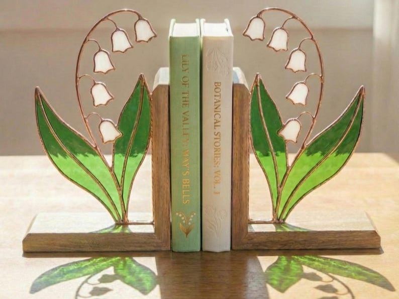 Floral Birth Month Stained Glass Bookends, Botanical Shelf Decor
