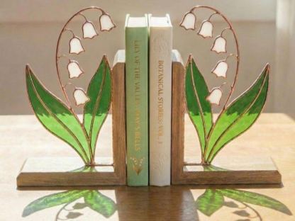 Floral Birth Month Stained Glass Bookends, Botanical Shelf Decor