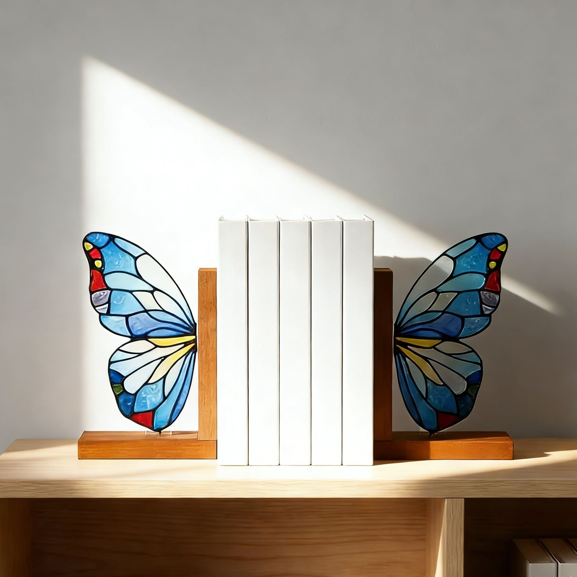 Butterfly Bookends Kit, Stained Glass Style Acrylic & Wood Shelf Decor