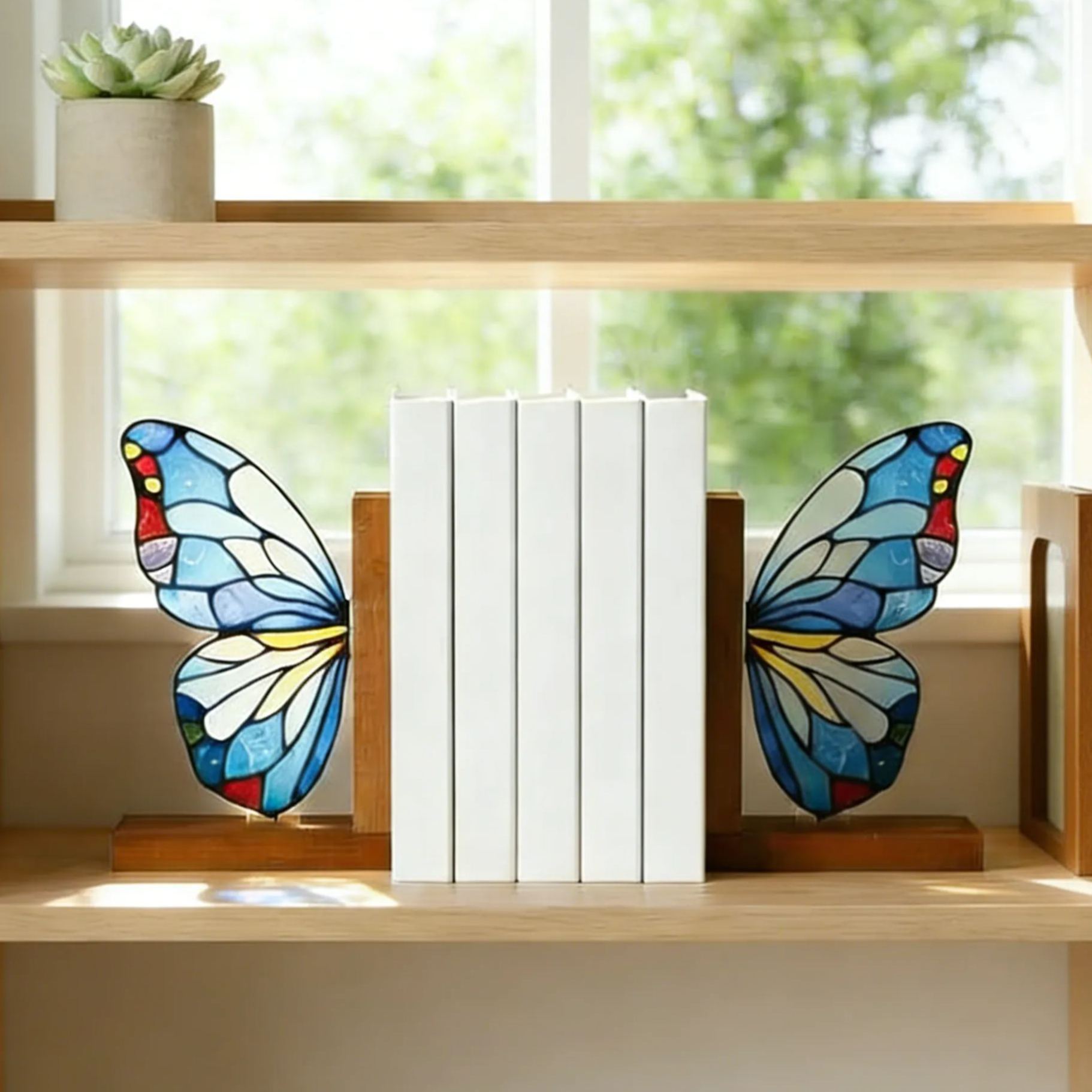 Butterfly Bookends Kit, Stained Glass Style Acrylic & Wood Shelf Decor