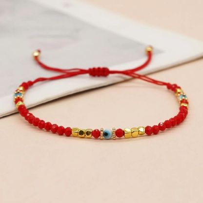 1pc Bohemian Style White Glass Evil Eye Bead & Crystal Beaded Adjustable Bracelet