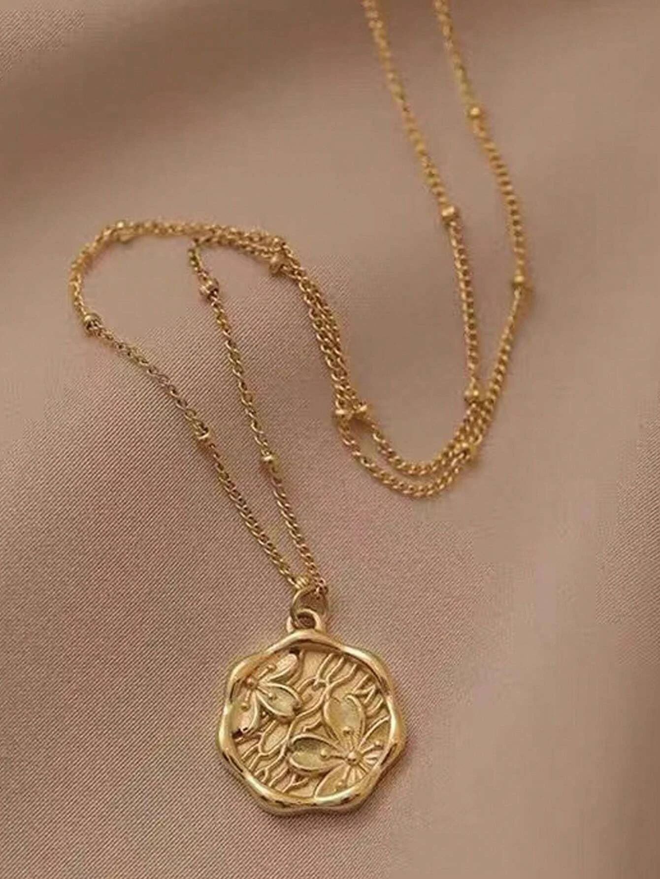 1pc Round Plate Peach Blossom Imprint Pendant Necklace Non-Fading