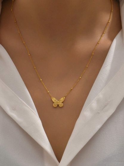 1pc Bow Ring Butterfly Gold Color Stainless Steel Necklace Suitable For Women's Daily Wear And Holiday Gift, Sister Gifts