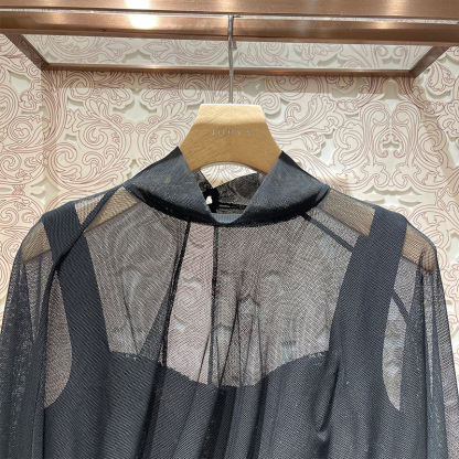 Mesh-collared, high-waisted, patchwork dress